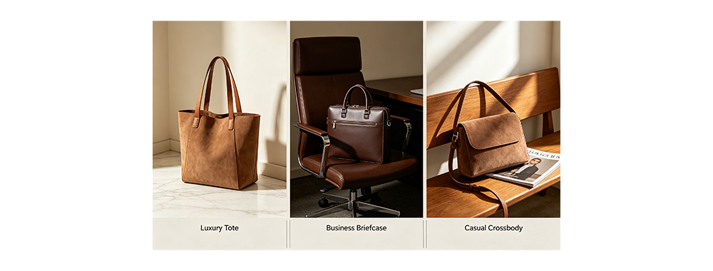 Display of handbags of different materials in different scenarios