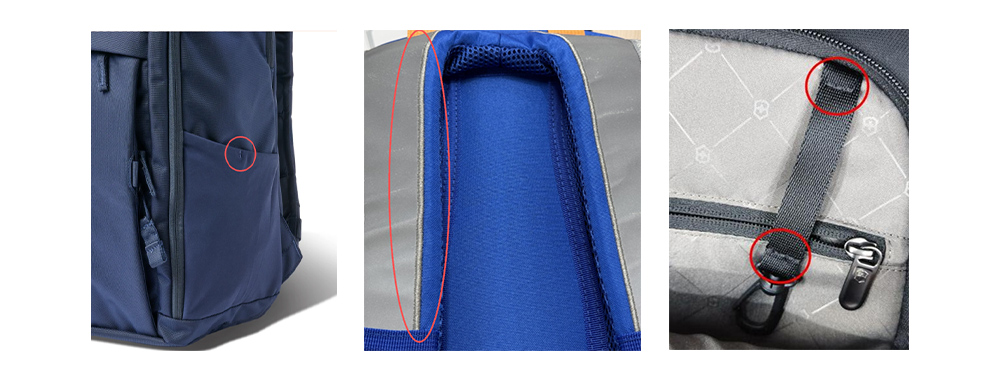Bartack workmanship display for hydration port, reflective strip and inner‑pocket hanging point