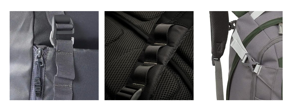 Demonstrate bartack workmanship at buckle connection, webbing loop daisy chain and side adjust pocket mounting point