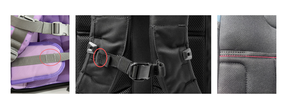 Demonstrate bartack workmanship at hip‑belt anchor point, chest stabilizer strap and back‑panel mounting point