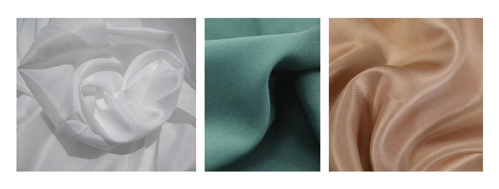 Polyester plain weave, pongee, and taffeta lining fabrics in white, green, and peach